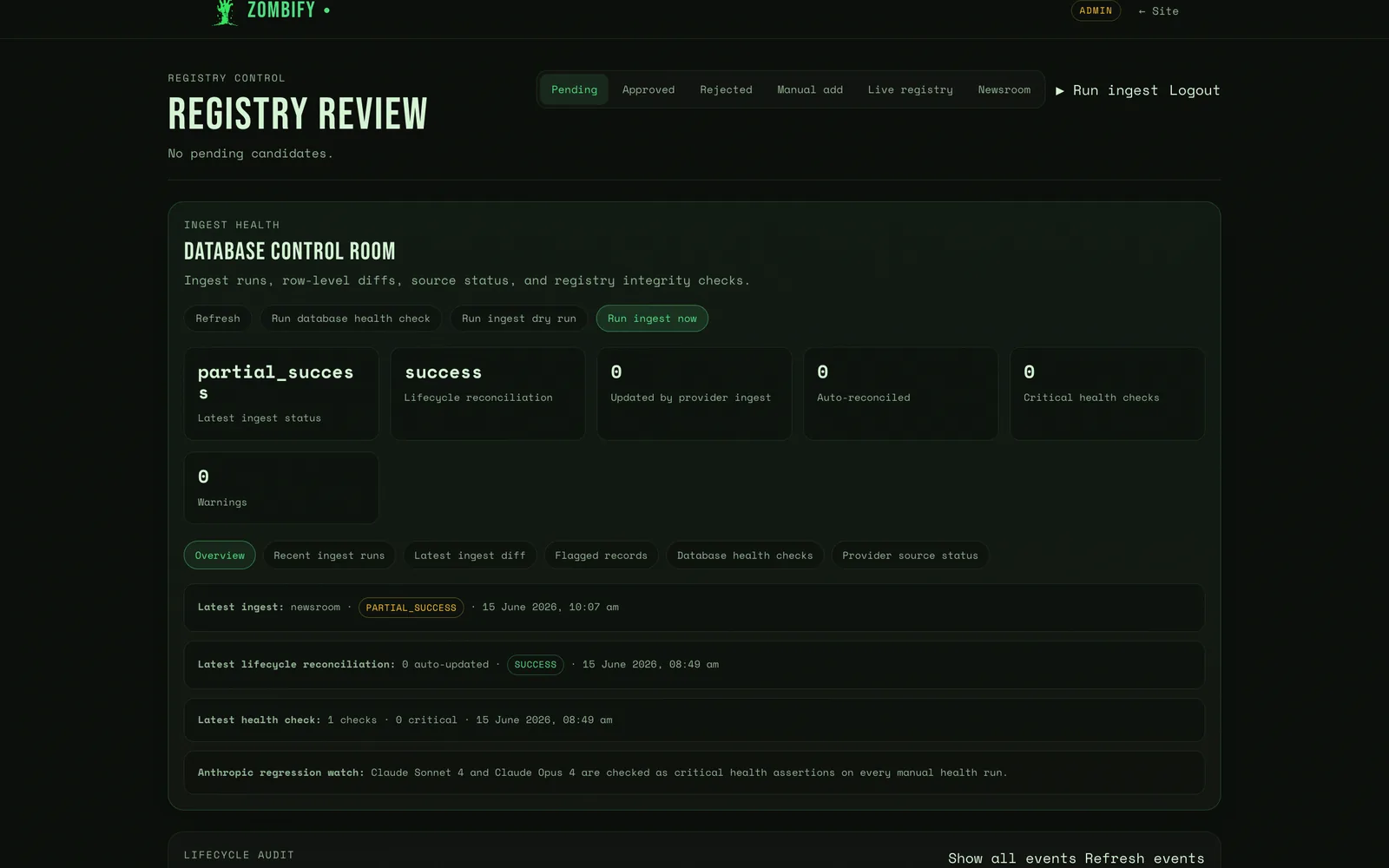 Zombify registry review and administration system